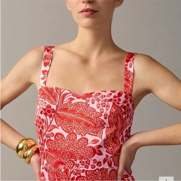 JCREW Collection fitted luster crepe flare-hem dress in coral floral print NWT 4 - Picture 3 of 11